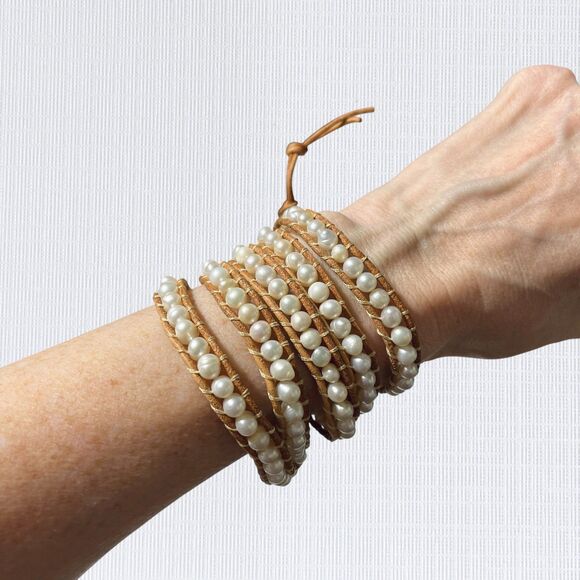 Victoria Emerson Pearl Wrap Bracelet Brown Leather Cord Boho Adjustable 36" - Picture 2 of 7